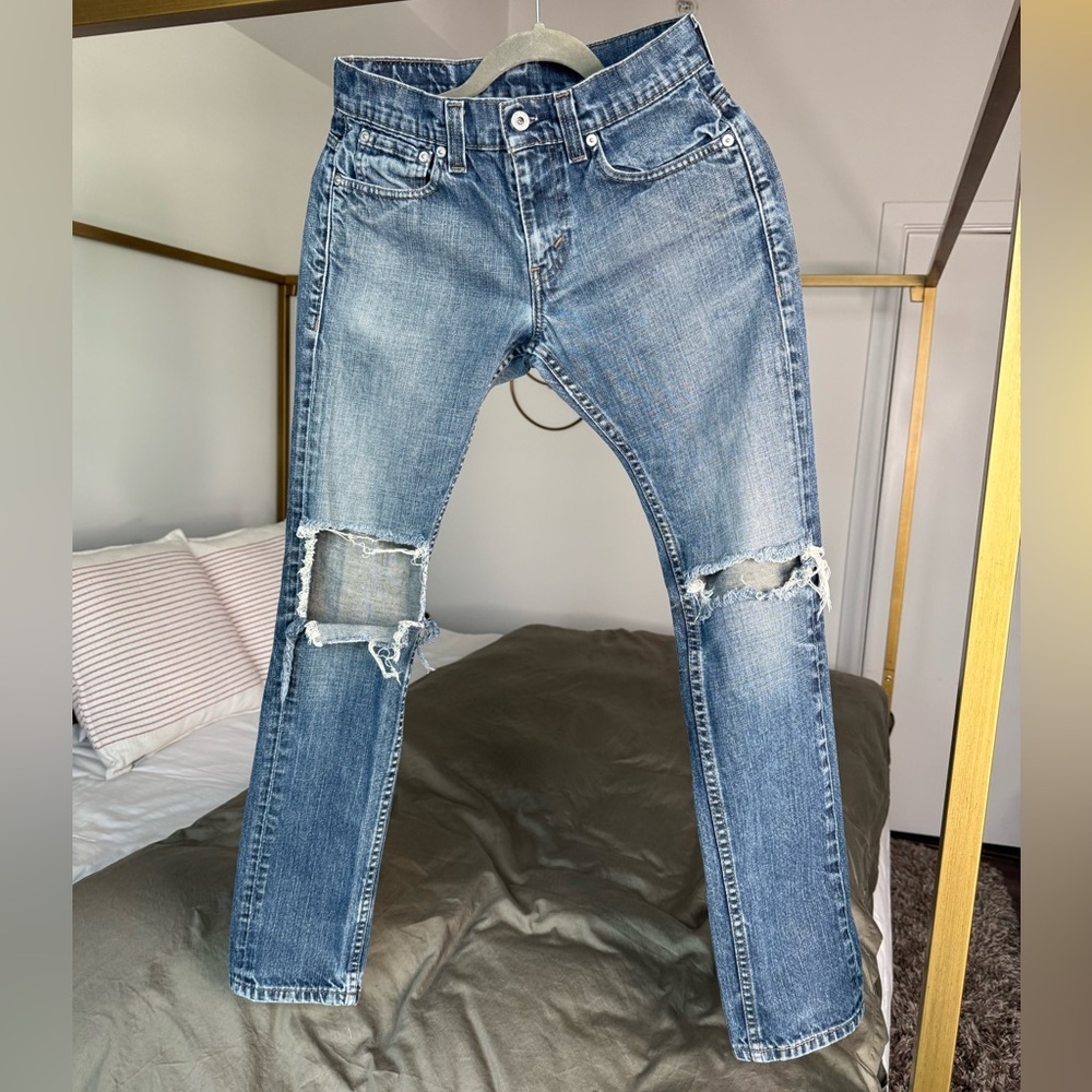 Levis 511 Skinny Blue Jeans Size 28x30 Distressed Red Tab Y2K Grunge 90s 200s